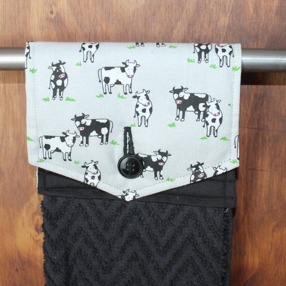 COW GRAY & BLACK PRINT HANDMADE HANGING KITCHEN HAND TOWEL BLACK COTTON TOWEL - Picture 1 of 4